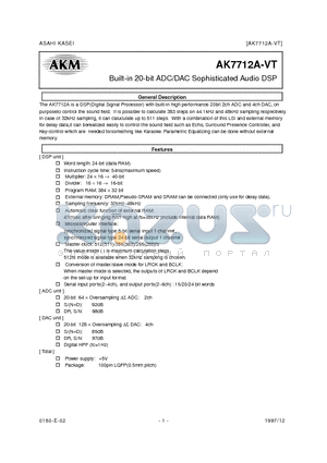 AK7712A-VT datasheet - Built-in 20-bit ADC/DAC Sophisticated Audio DSP