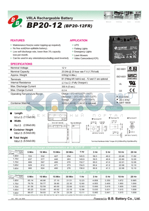 BP20-12FR datasheet - VRLA Rechargeable Battery