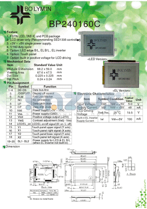 BP240160C datasheet - FSTN LCD, TAB IC and PCB package LCD driver only