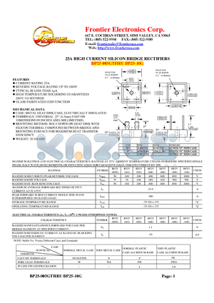 BP25-01G datasheet - 25A HIGH CURRENT SILICON BRIDGE RECTIFIERS