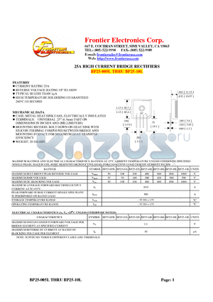 BP25-01L datasheet - 25A HIGH CURRENT BRIDGE RECTIFIERS