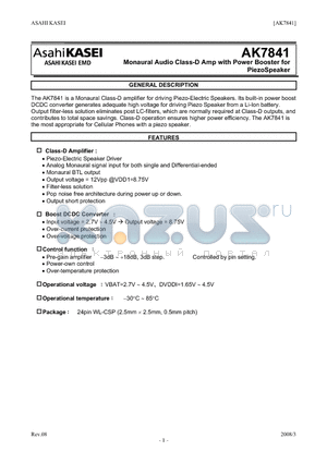 AK7841 datasheet - Monaural Audio Class-D Amp with Power Booster for PiezoSpeaker