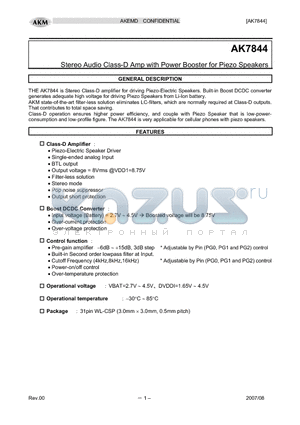 AK7844 datasheet - Stereo Audio Class-D Amp with Power Booster for Piezo Speakers