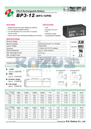 BP3-12FR datasheet - VRLA Rechargeable Battery