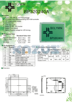 BP320240A datasheet - FSTN LCD, TAB IC and PCB package LCD driver only (Recommending SED1335 controller