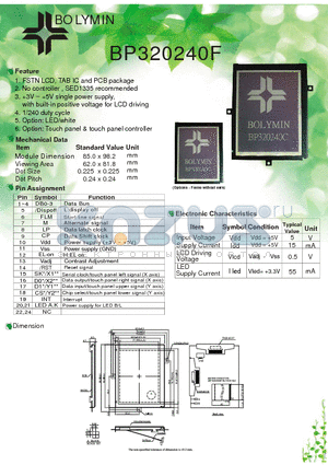 BP320240F datasheet - FSTN LCD, TAB IC and PCB package No controller , SED1335 recommended