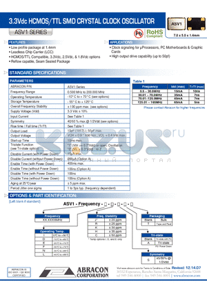 ASV1_07 datasheet - 3.3Vdc HCMOS/TTL SMD CRYSTAL CLOCK OSCILLATOR