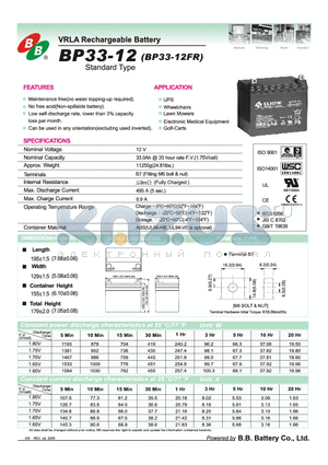 BP33-12 datasheet - VRLA Rechargeable Battery Standard Type