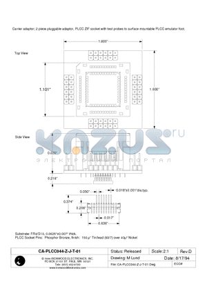 CA-PLCC044-Z-J-T-01 datasheet - Carrier adaptor; 2 piece pluggable adaptor, PLCC ZIF socket with test probes to surface mountable PLCC emulator foot.