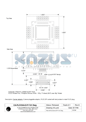 CA-PLCC044-Z-P-T-01 datasheet - Carrier adaptor, 2 piece pluggable adaptor, PLCC ZIF socket with test probes to male PLCC plug.