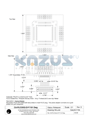 CA-PLCC052-Z-P-T-01 datasheet - Carrier Adapter 52 position PLCC ZIF socket with test probes to male PLCC plug. Two piece adapter connects via a gold plated mini grid receptacle.