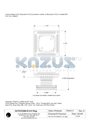 CA-PLCC068-D-J-01 datasheet - Carrier Adaptor (CA): 68 position PLCC production socket to 68 position PLCC J leaded SM foot. 2 pc. adaptor.