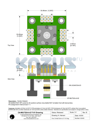 CA-MLF32A-A-Z-T-01 datasheet - Carrier Adaptor 32 position MLF ZIF socket to 32 position surface mountable MLF emulator foot with test probes.