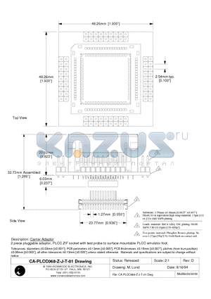 CA-PLCC068-Z-J-T-01 datasheet - Carrier Adaptor 2 piece pluggable adaptor, PLCC ZIF socket with test probe to surface mountable PLCC emulator foot.