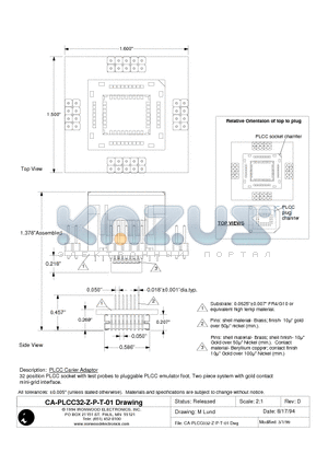 CA-PLCC32-Z-P-T-01 datasheet - PLCC Carier Adaptor 32 position PLCC socket with test probes to pluggable PLCC emulator foot.