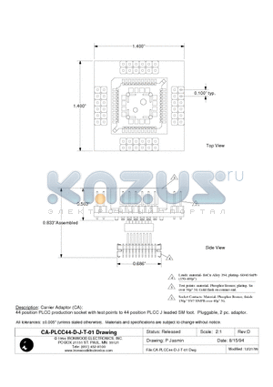 CA-PLCC44-D-J-T-01 datasheet - Carrier Adaptor (CA): 44 position PLCC production socket with test points to 44 position PLCC J leaded SM foot.