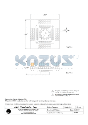 CA-PLCC44-D-M-T-01 datasheet - Carrier Adaptor (CA): 44 position PLCC production socket with test points to mini-grid array interface.