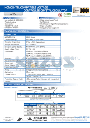 ASVV_08 datasheet - HCMOS/TTL COMPATIBLE VOLTAGE CONTROLLED CRYSTAL OSCILLATOR