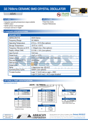 ASVK_07 datasheet - 32.768kHz CERAMIC SMD CRYSTAL OSCILLATOR