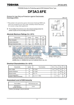 DF3A3.6FE datasheet - Product for Use Only as Protection against Electrostatic Discharge (ESD).