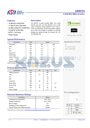 ASW101 datasheet - 5-3000 MHz MMIC Amplifier