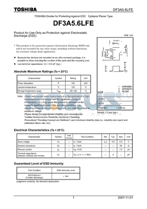 DF3A5.6LFE datasheet - Product for Use Only as Protection against Electrostatic Discharge (ESD).