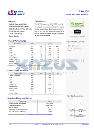 ASW105 datasheet - 5-4000 MHz MMIC Amplifier