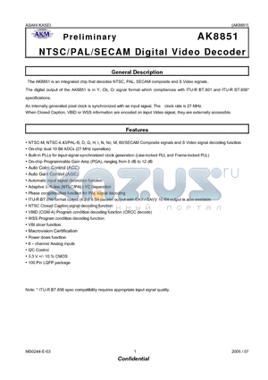 AK8851 datasheet - NTSC/PAL/SECAM Digital Video Decoder