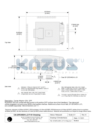CA-QFE44SH-L-Z-T-01 datasheet - Carrier Adaptor (CA), QFP 44 position QFP ZIF socket with test points to 44 position QFP surface mount foot (leadless).