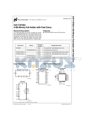 74F283PC datasheet - 4-Bit Binary Full Adder with Fast Carry