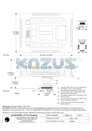 CA-QFE52SF-L-Z-T-01 datasheet - Carrier Adaptor (CA), QFP 52 position QFP ZIF socket with test points and pluggable intermediate interface to 52 position surface-mount foot(lead-less).