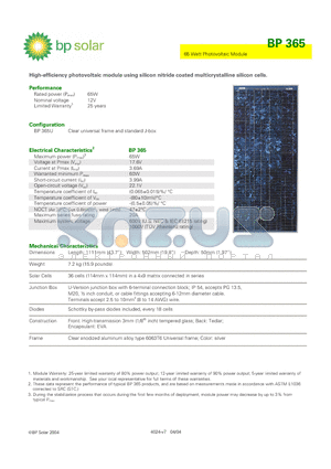 BP365 datasheet - 65 Watt Photovoltaic Module