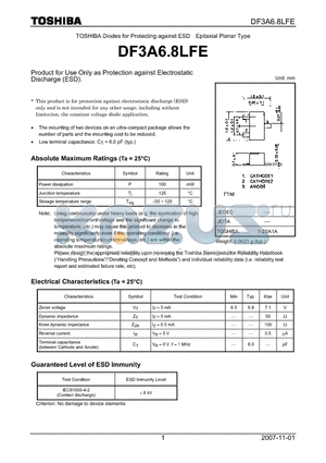 DF3A6.8LFE datasheet - Product for Use Only as Protection against Electrostatic Discharge (ESD).