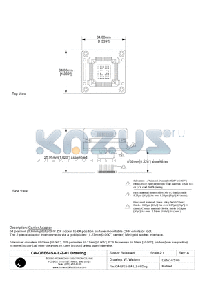 CA-QFE64SA-L-Z-01 datasheet - Carrier Adaptor 64 position (0.8mm pitch) QFP ZIF socket to 64 position surface mountable QFP emulator foot.