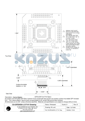 CA-QFE64SA-L-Z-T-01 datasheet - Carrier Adaptor 64 position (0.8 mm pitch) QFP Zero Insertion Force socket with test points to 64 position surface mountable QFP emulator foot.