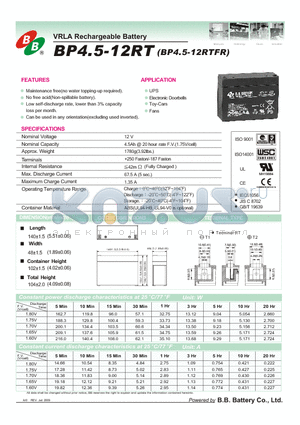 BP4.5-12RTFR datasheet - VRLA Rechargeable Battery