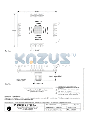 CA-QFE64SD-L-N-T-01 datasheet - Carrier Adaptor 64 position interface board with test points to 64 position surface mountable QFP emulator foot.