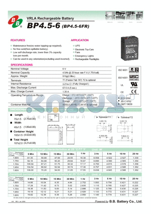 BP4.5-6 datasheet - VRLA Rechargeable Battery