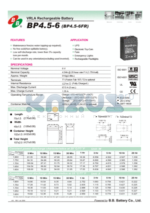 BP4.5-6FR datasheet - VRLA Rechargeable Battery