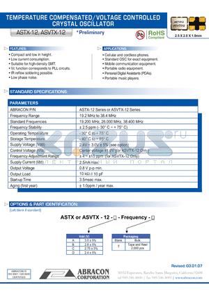 ASVTX-12 datasheet - TEMPERATURE COMPENSATED/VOLTAGE CONTROLLED CRYSTAL OSCILLATOR