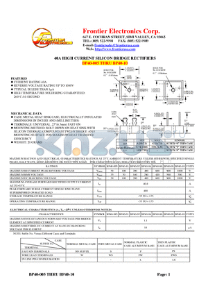 BP40-08 datasheet - 40A HIGH CURRENT SILICON BRIDGE RECTIFIERS