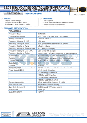 ASVTX-H08K datasheet - 32.768KHz VOLTAGE CONTROLLED TEMPERATURE COMPENSATED CRYSTAL OSCILLATOR