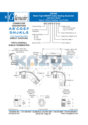 390AS004M08 datasheet - Water-Tight EMI/RFI Cable Sealing Backshell with Strain Relief