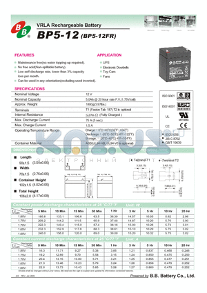 BP5-12FR datasheet - VRLA Rechargeable Battery