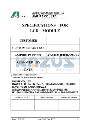 AT-09632JFIEB-52H datasheet - SPECIFICATIONS FOR LCD MODULE