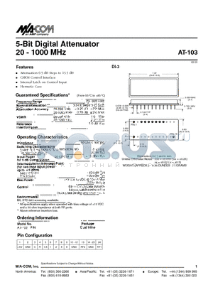 AT-103 datasheet - 5-Bit Digital Attenuator 20 - 1000 MHz