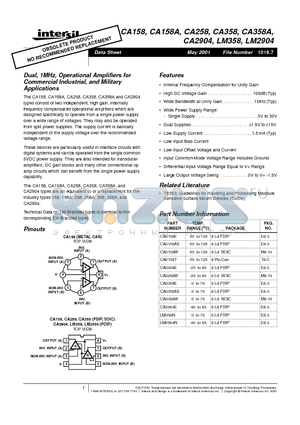 CA0158AE datasheet - Dual, 1MHz, Operational Amplifiers for Commercial Industrial, and Military Applications