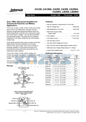 CA0158M datasheet - Dual, 1MHz, Operational Amplifiers for Commercial Industrial, and Military Applications