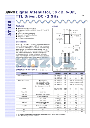 AT-106PIN datasheet - Digital Attenuator, 50 dB, 6-Bit, TTL Driver, DC - 2 GHz