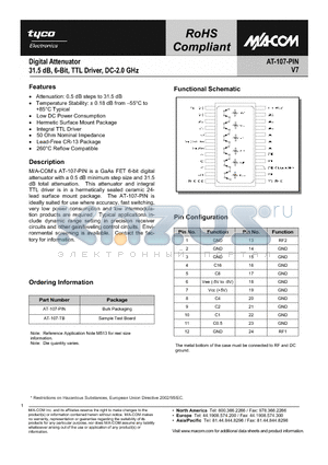 AT-107-PIN datasheet - Digital Attenuator, 31.5dB, 6-Bit, TTL Driver DC - 2.0 GHz